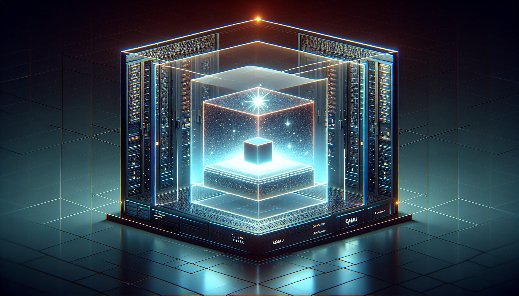 The image is a digitally rendered, highly stylised, and futuristic representation of a virtualised computing environment, set within what appears to be a server room or data centre. At its core, a central stack of three glowing, transparent, nested cubes is prominently displayed. The innermost cube radiates a bright, energetic light, symbolising a key component like a Check Point Firewall running as a virtual machine or within a container. These luminous virtual layers are enclosed within a larger, dark structure resembling a server rack, highlighting the concept of a secure, layered virtualised deployment within a physical infrastructure.